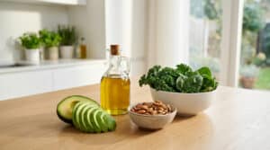 Ingrédients sains pour un régime keto : avocat, huile d'olive, noix et légumes verts frais sur une table en bois.