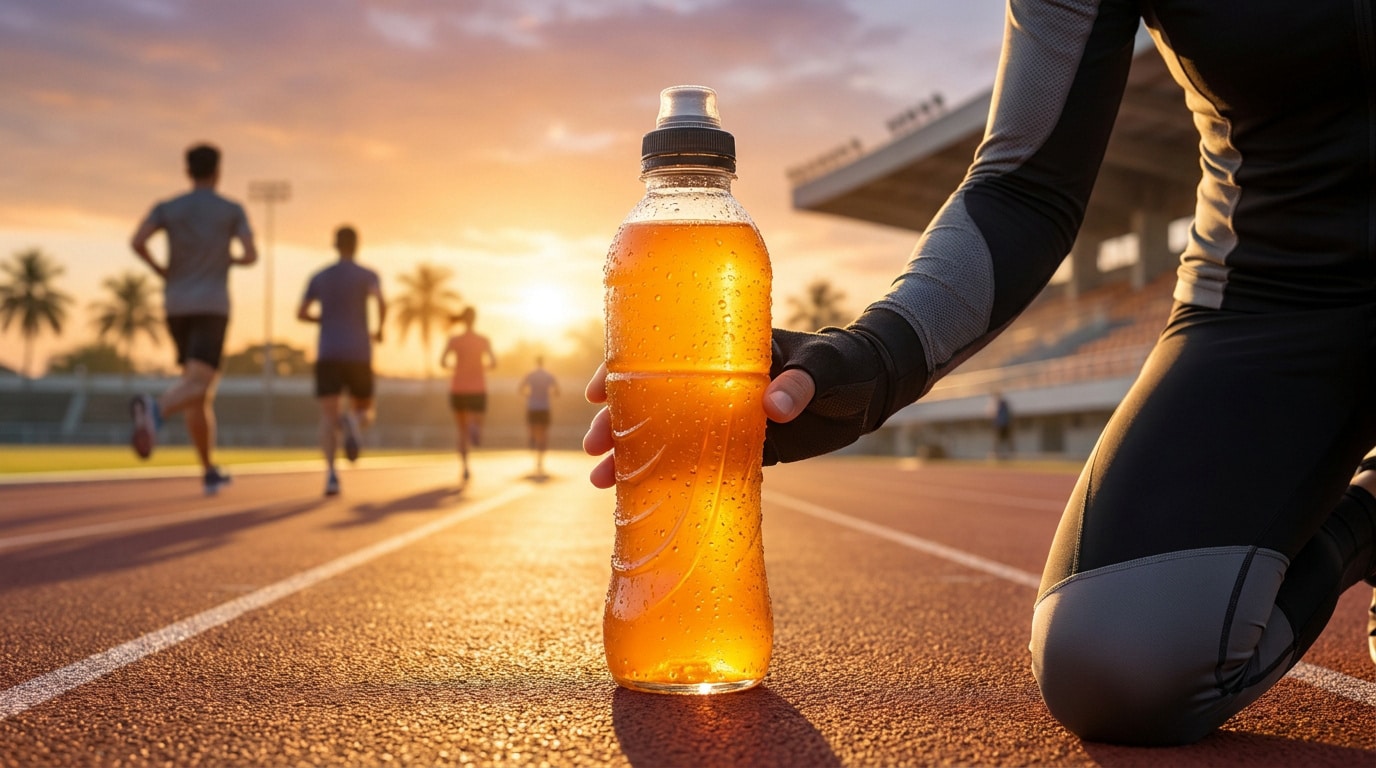 Une bouteille de boisson énergisante tenue sur une piste d'athlétisme au coucher du soleil avec des coureurs en arrière-plan.