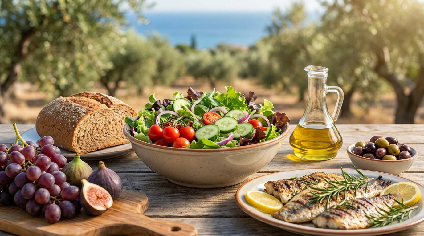 Une table en bois avec une salade, du poisson grillé, du pain, des olives, des figues et du raisin dans un champ d'oliviers.