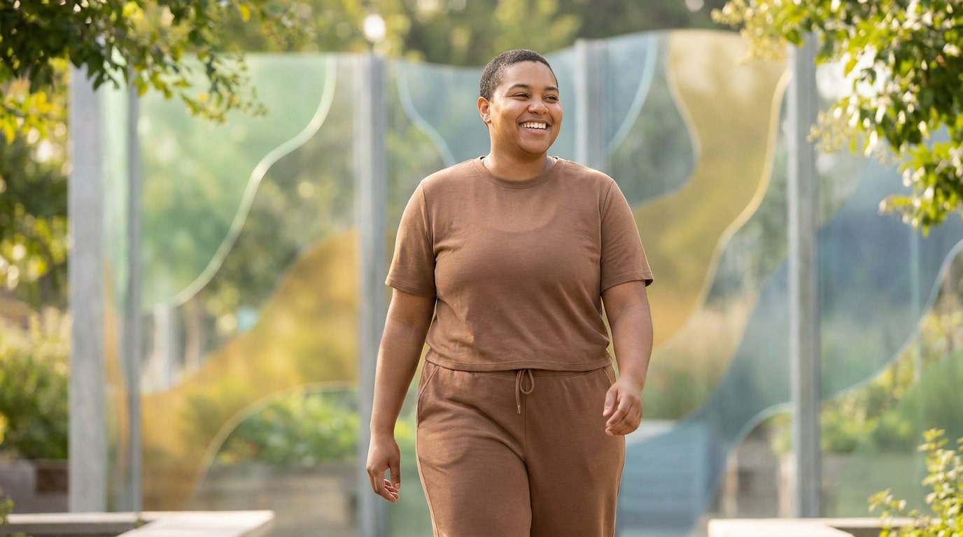 Une jeune femme souriante marchant dans un parc verdoyant, incarnant la santé et l'énergie positive.