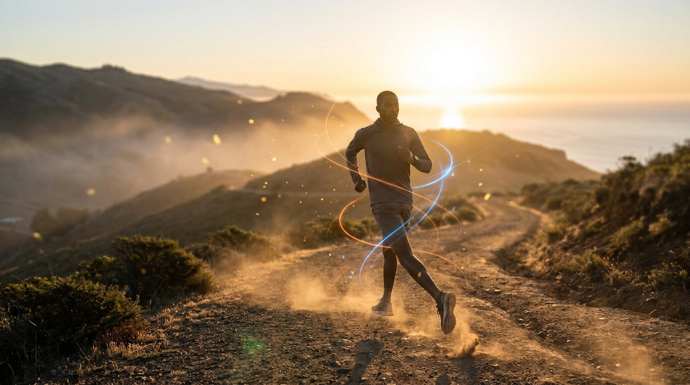 Un coureur de fond en plein effort sur un sentier montagneux au coucher du soleil avec des effets lumineux dynamiques.