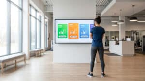 Une femme debout devant un écran affichant des options d'abonnement colorées dans une salle de sport moderne.