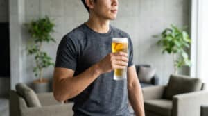 Un homme en tenue de sport transpirant tient un verre de bière après son entraînement.